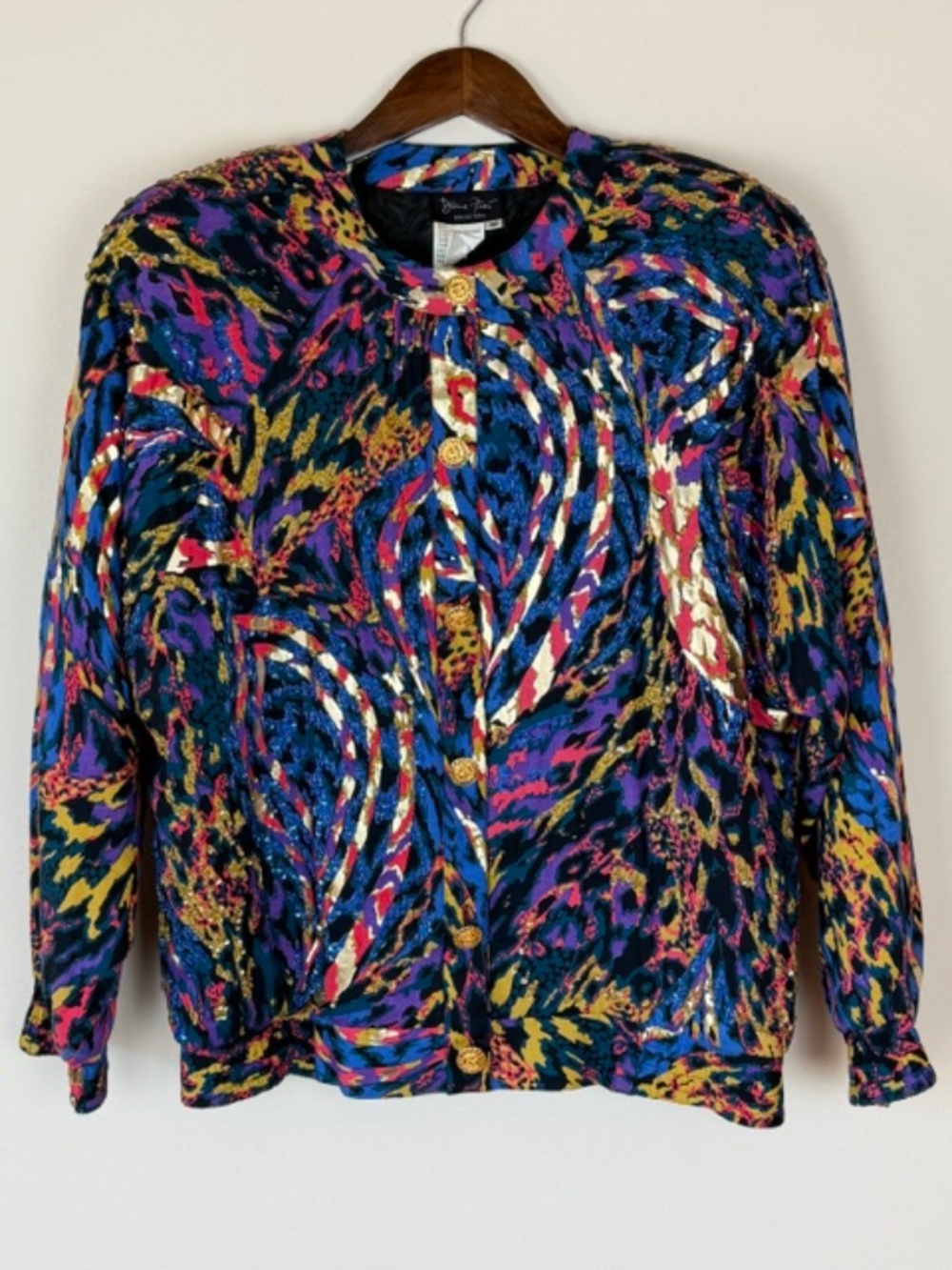Vintage 80's Diane Freis Original Quilted Bomber Jacket M Abstract Gold Foil